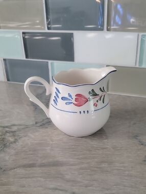 Nikko Ceramics White Creamer with Blue Trim and Pink Floral Pattern